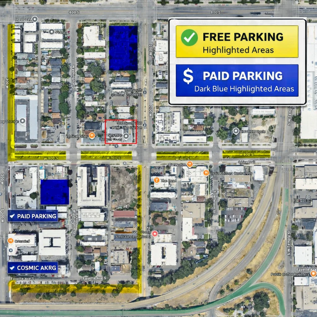 Map of free and paid parking near Spy Hop